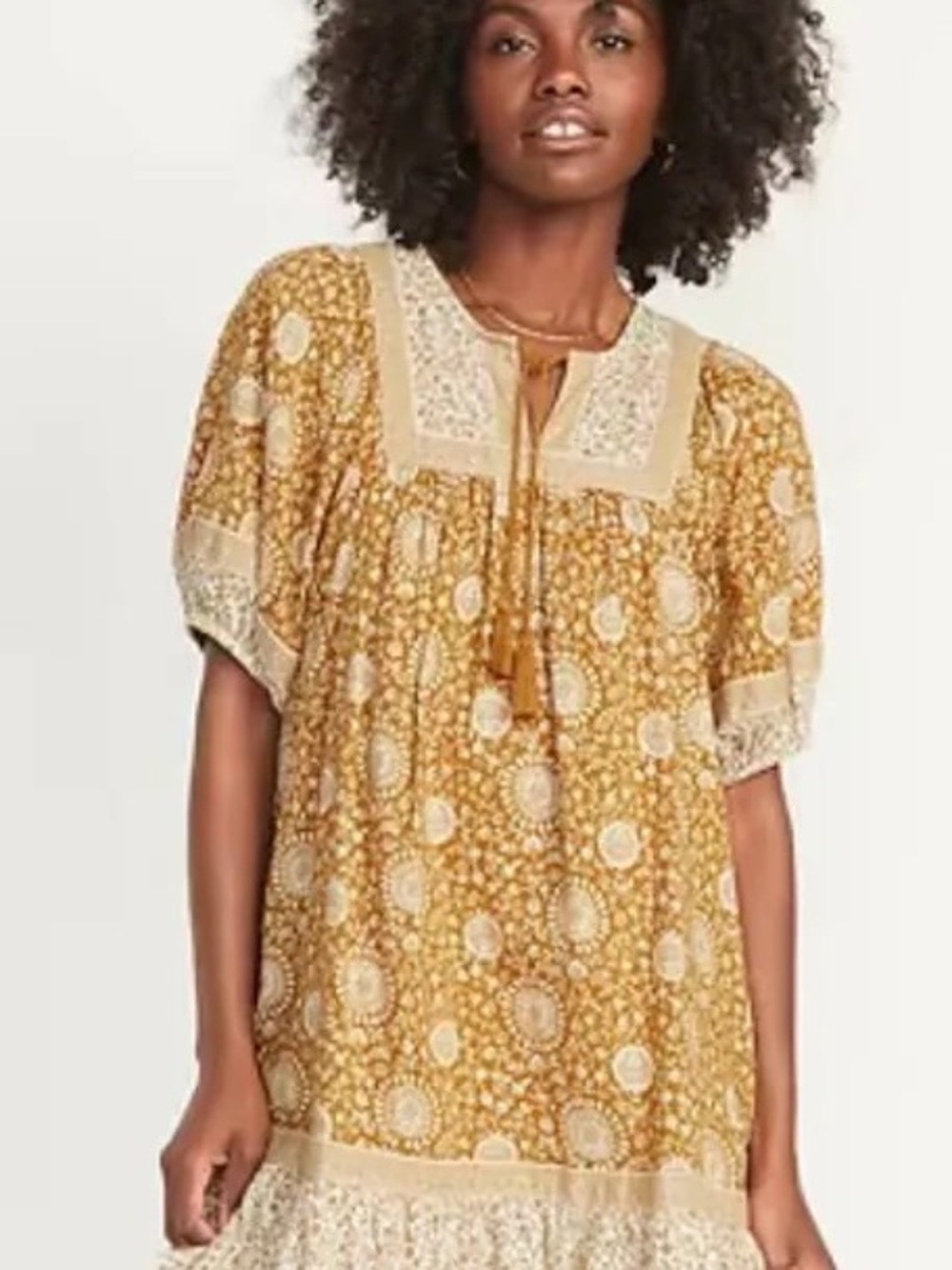 Mustard Floral Boho Dress with Lace Trim